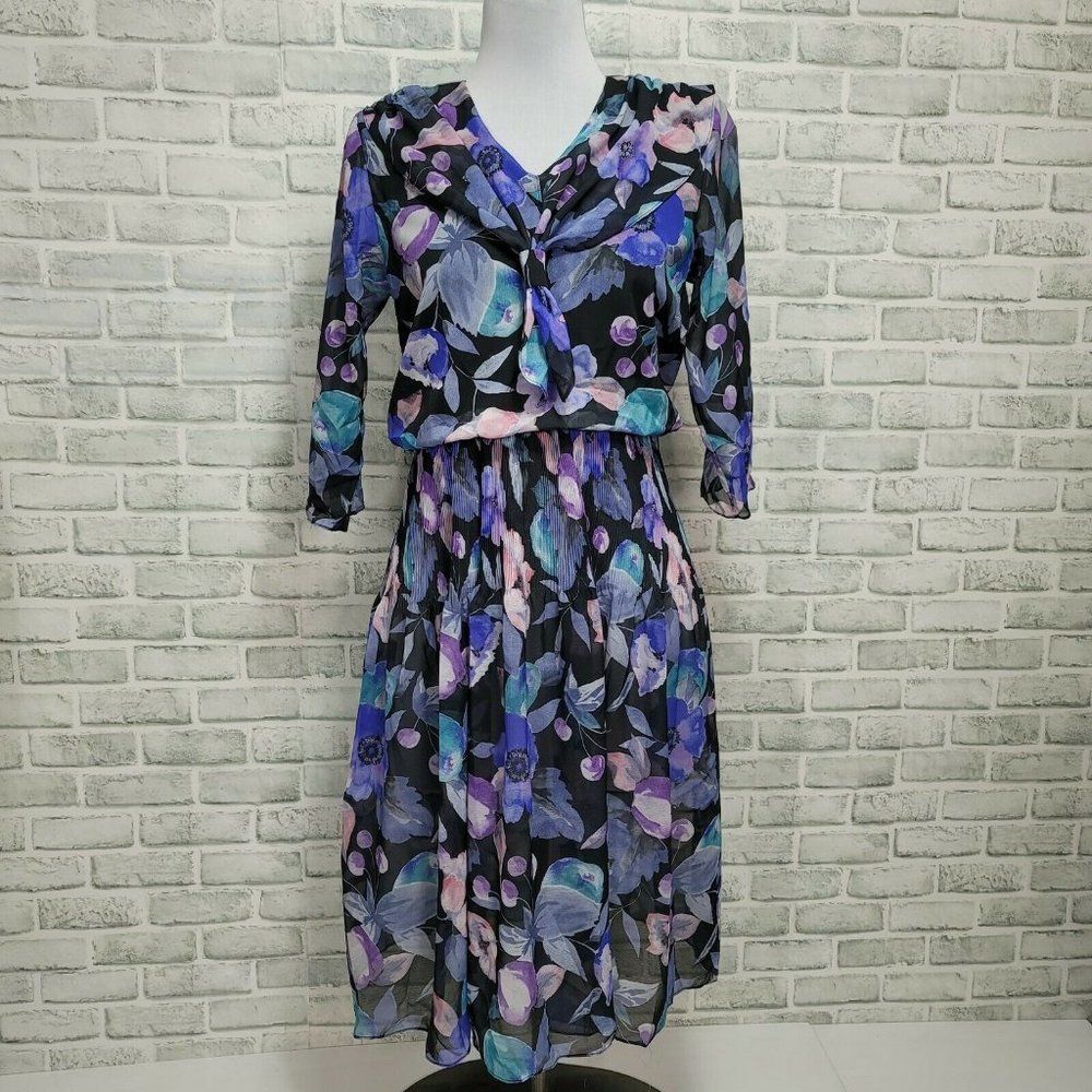 Vintage 80s 90s Dramatix Sheer Chiffon Floral Fit Flare‎ Dress Pleated Waistband